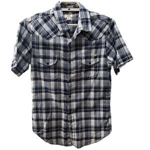 Lucky Brand Jeans Men's Blue White Plaid Western Short Sleeve Shirt Size Small